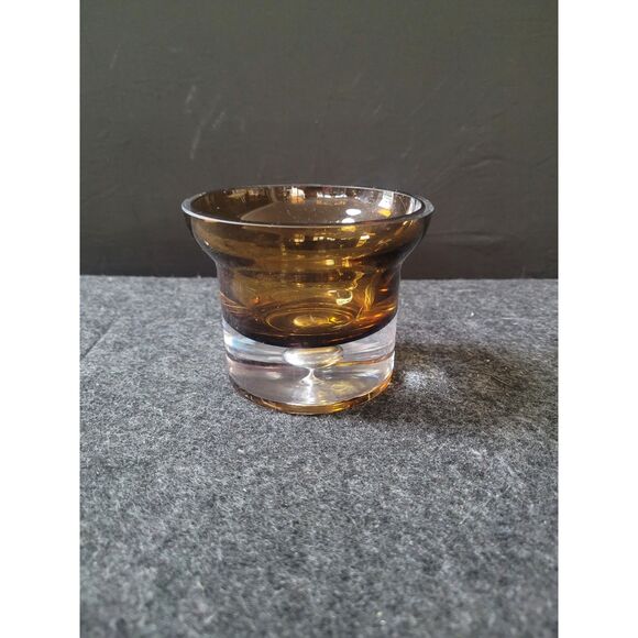 Krosno Poland Amber Brown Glass Candle Holders, Bubble in Clear Base - Picture 3 of 4